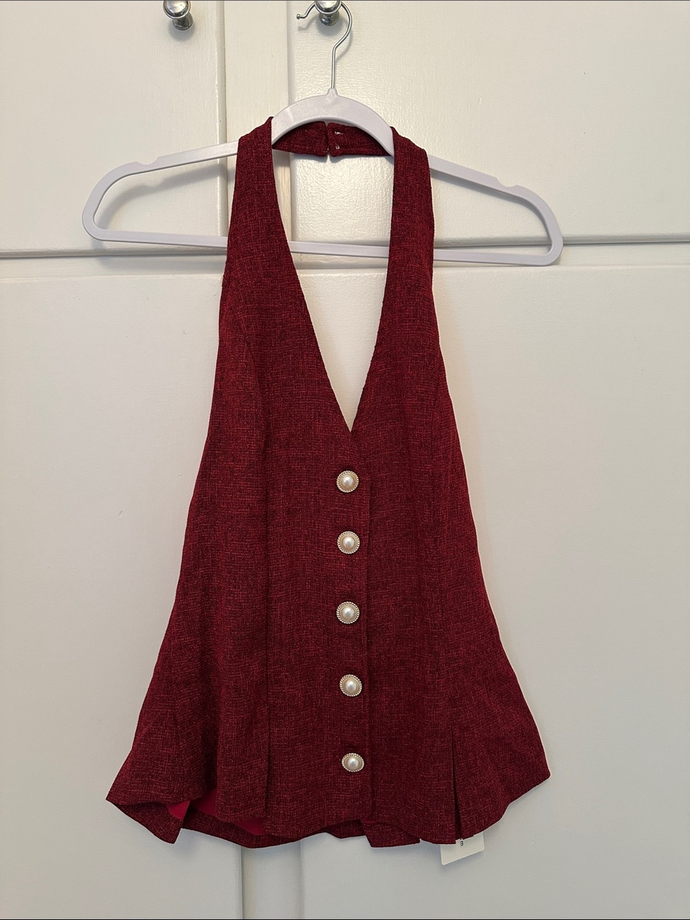 NWT Commense Red Textured Halter Top with Pearl Buttons